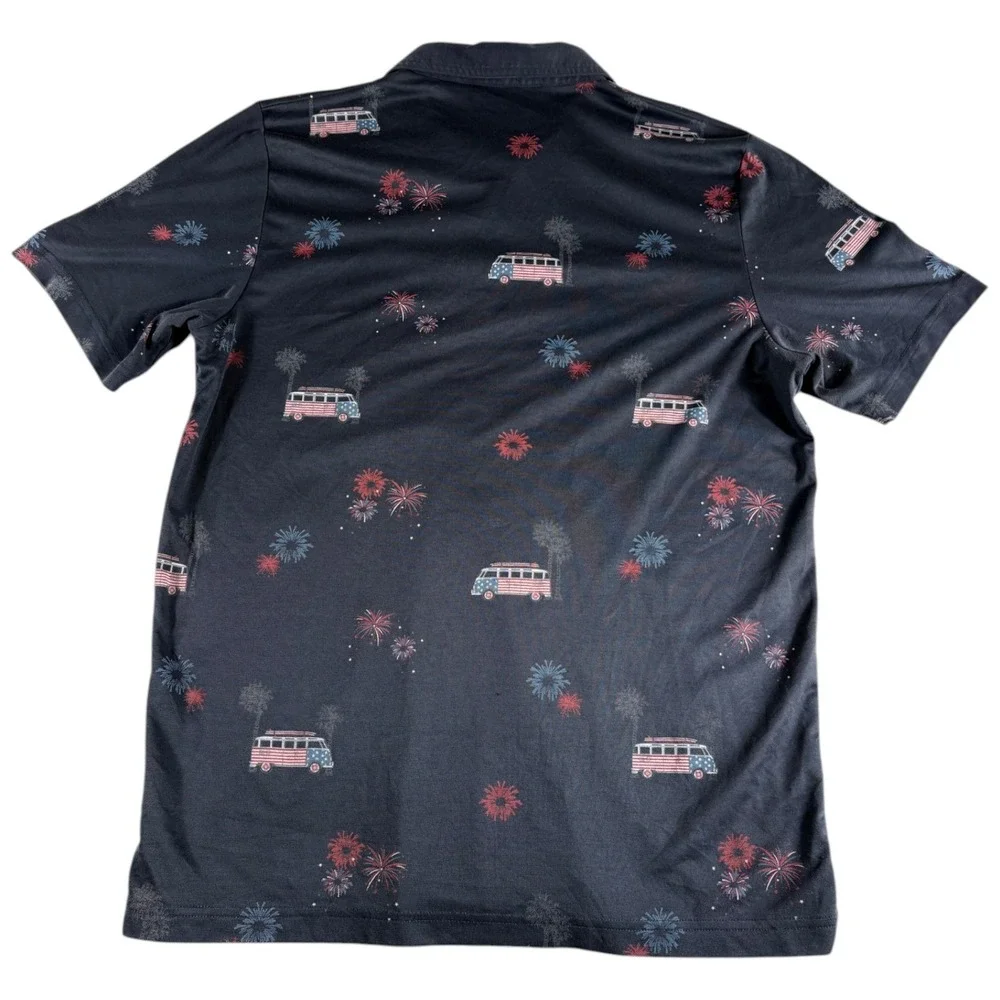 Travis Mathew Polo Shirt Mens XL Navy Blue USA Fireworks Camper Volkswagen Bus